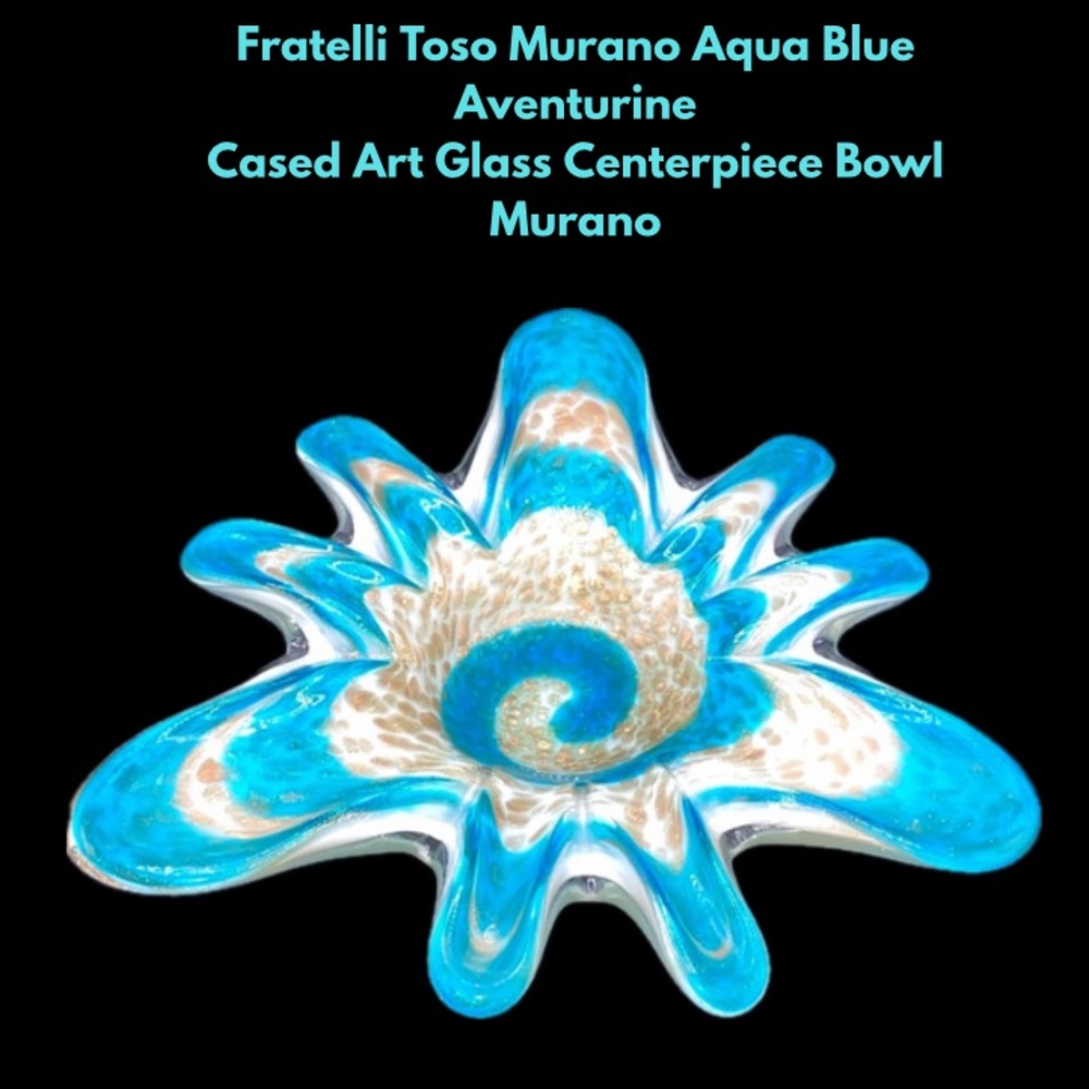 Fratelli Toso Murano Aqua Blue Aventurine Cased Art Glass Centerpiece Bowl